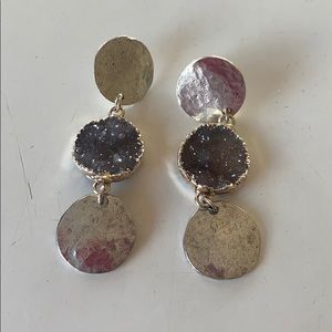 Silver and purple stone disc drop earrings